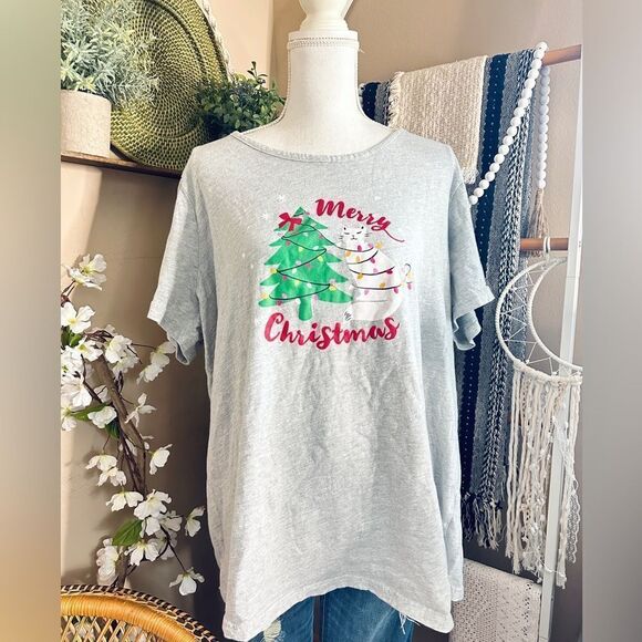 Merry Christmas kitty cat pajama oversized holiday tee shirt - Picture 1 of 5